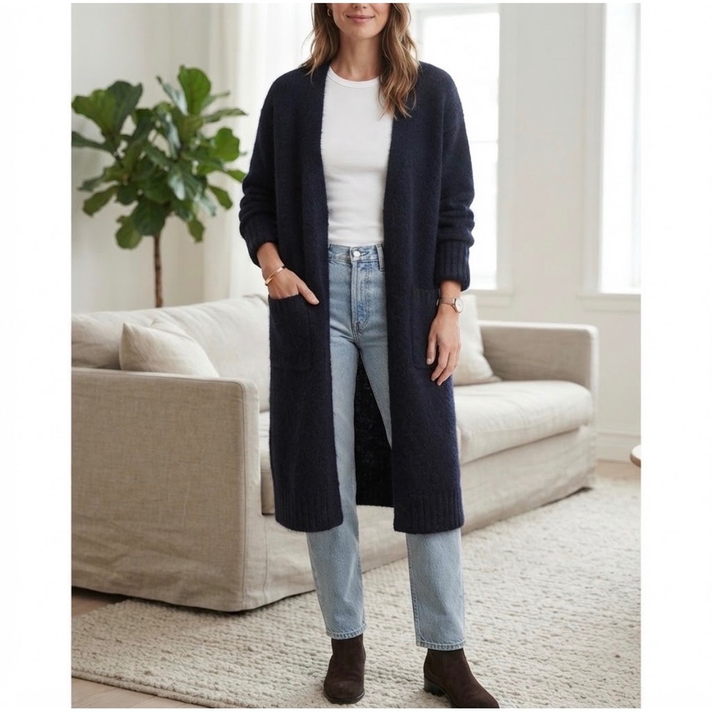 Zara Cardigan Women M-L Navy Blue Longline Wool Alpaca Blend Open Front Pockets